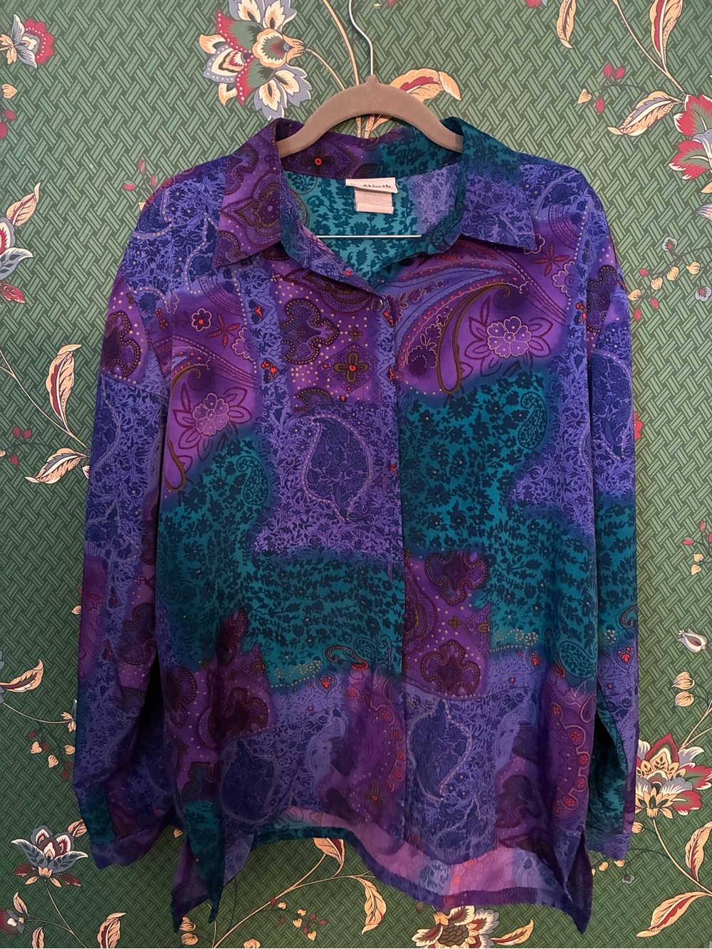 Vintage  Purple Teal Paisley Button-Up Blouse